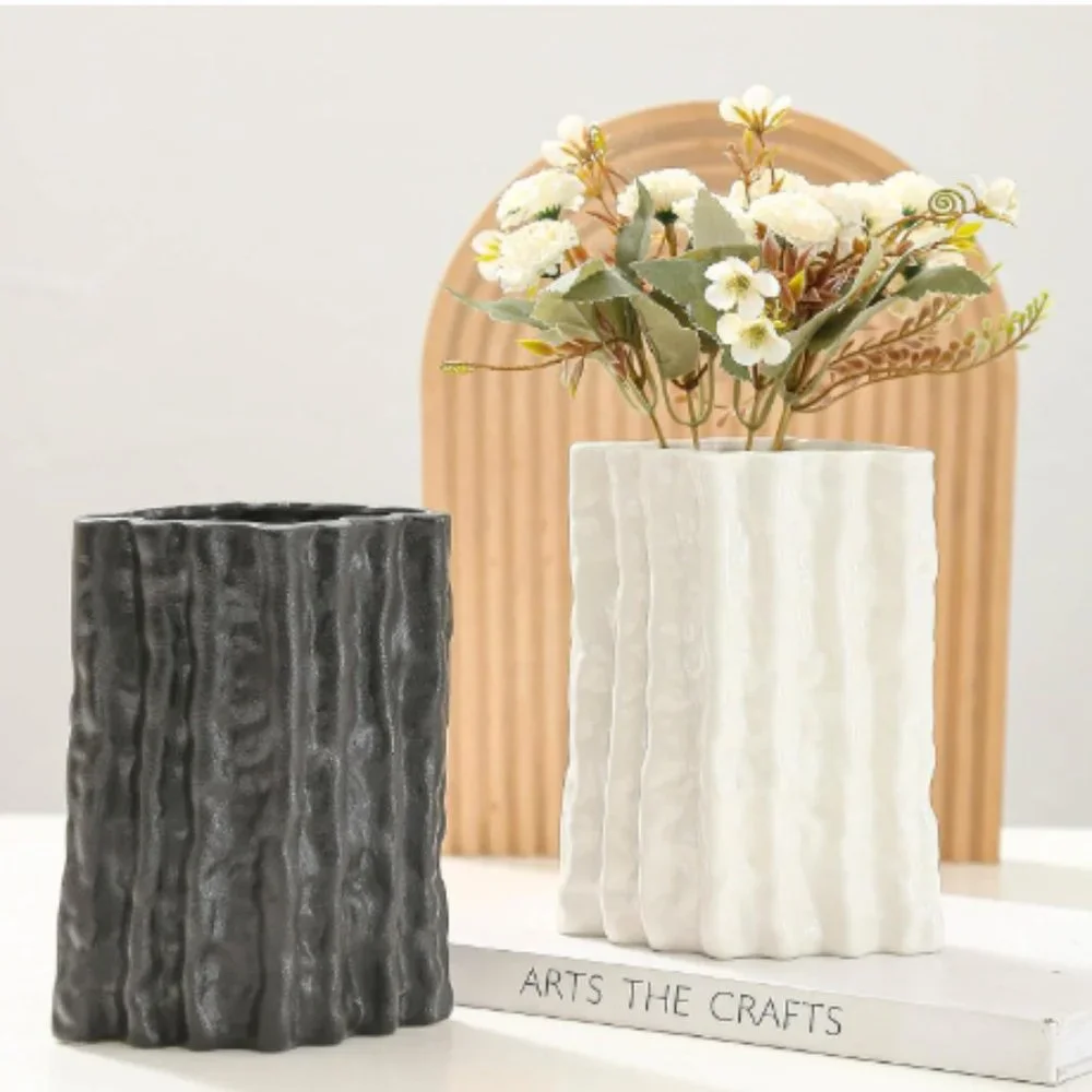 Set of 2 - Lg Black & White - Ribbed Rhombus Ceramic Vases for Flowers & Decor